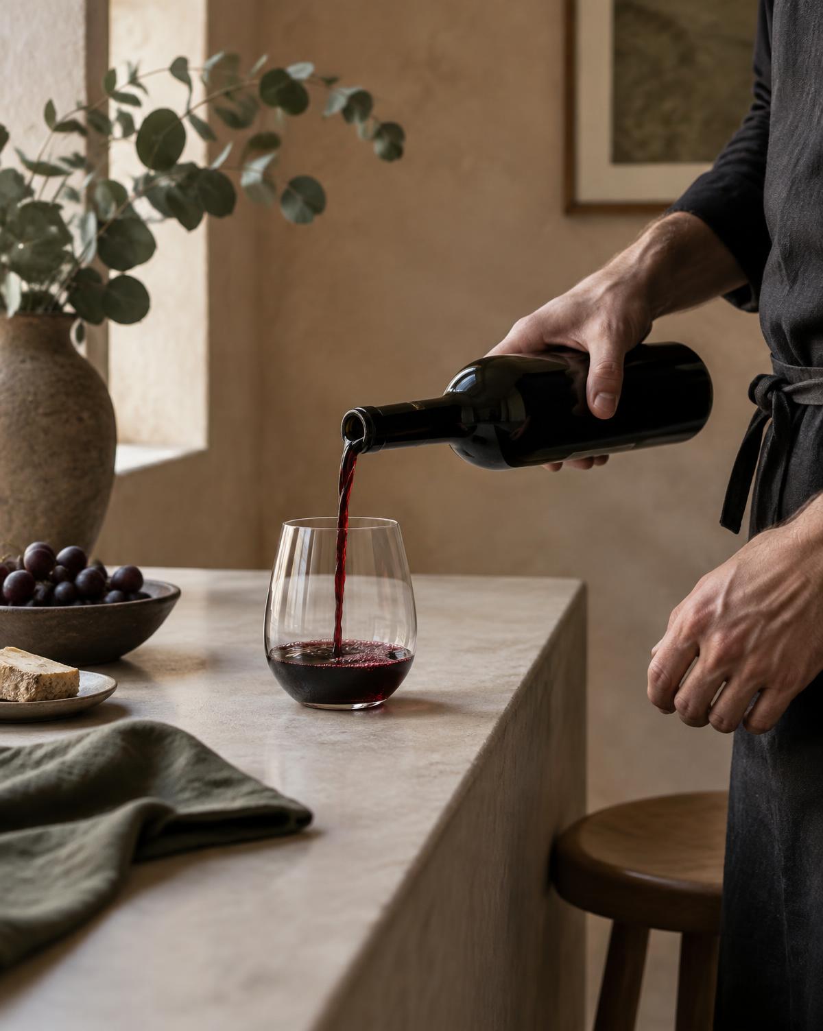 Wine being poured from an unlabelled bottle at a stone bench